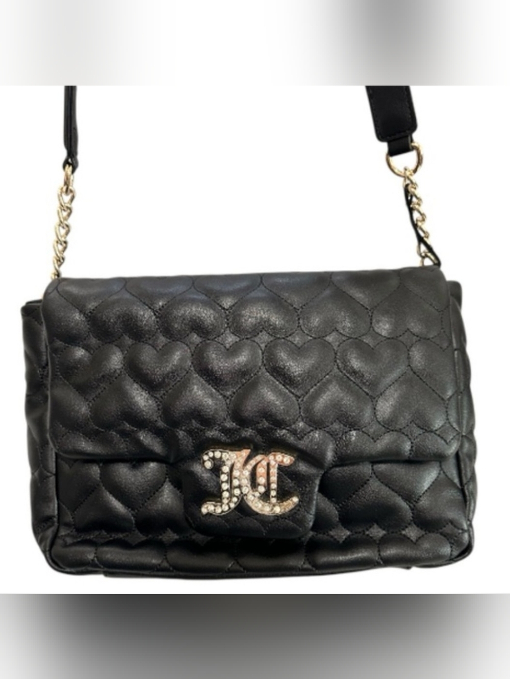 Juicy Couture Black Heart Quilted Crossbody Bag Gold Chain JC Logo